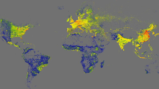 Weltkarte - Gebäude sind farblich markiert