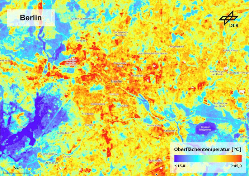 Landkarte von Berlin mit eingefärbten Temperaturen