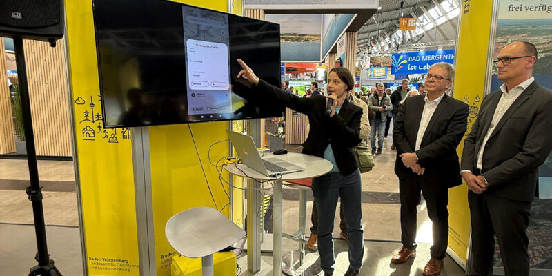 Frau erläutert Funktionen der App auf einem Monitor