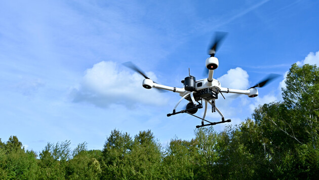 Drohne fliegt über Bäumen
