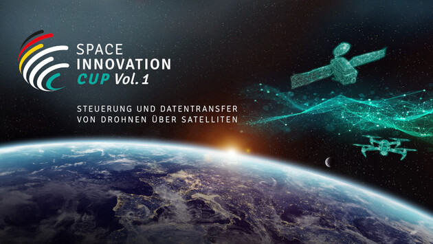 Logo Space Innovation Cup - Drohne und Satellit kreist im Weltall über Erde