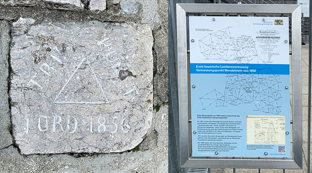 Collage aus Vermessungspunkt im Stein und Infotafel