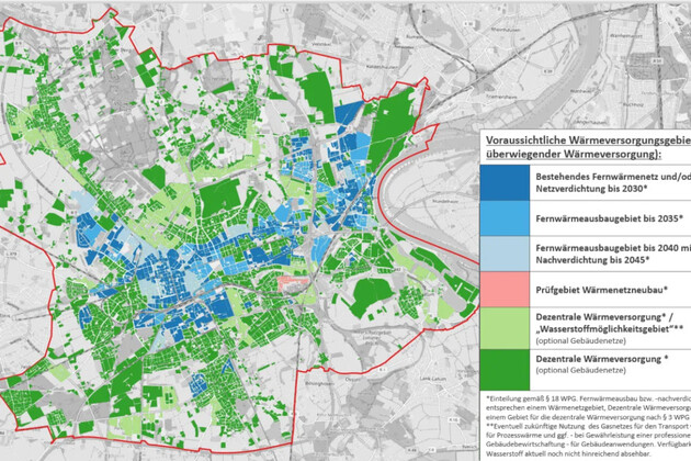 Karte von Krefeld mit Wärmegebieten