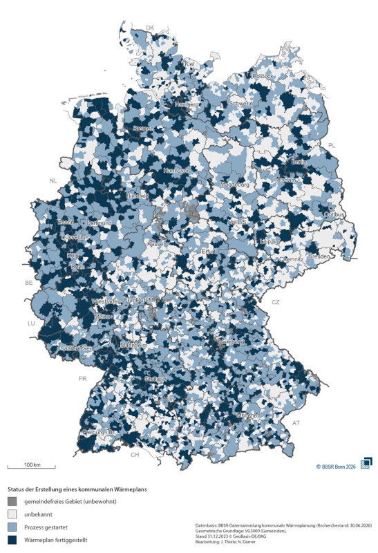 Deutschlandkarte zeigt Status quo der kommunalen Wärmeplanung in Deutschland