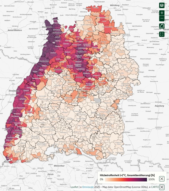 Screenshot zeigt Hitzebetroffenheit in Baden-Württemberg