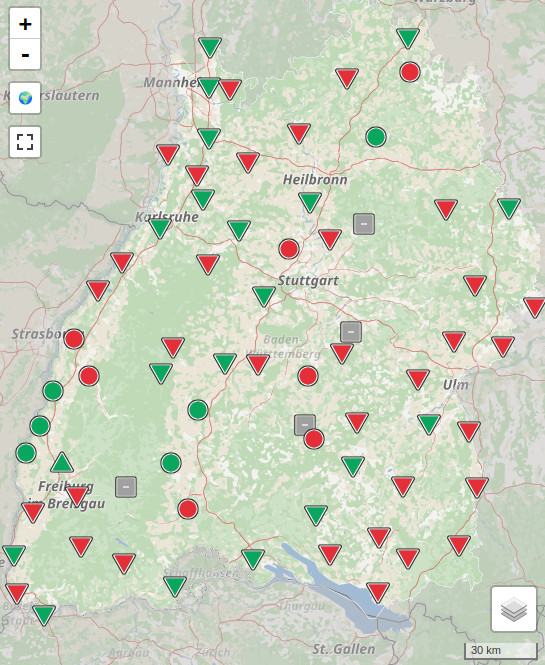 Karte von Baden-Württemberg mit Grundwasserständen
